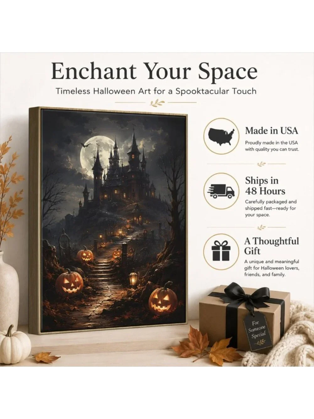 Spooky Halloween Framed Wall Art - Haunted House & Pumpkin Decor Pictures